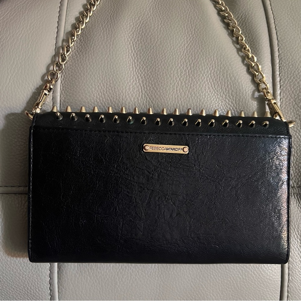 Rebecca Minkoff Crossbody Bag Studded Chain Black Leather Gold Biker Grunge Rock - Picture 13 of 16